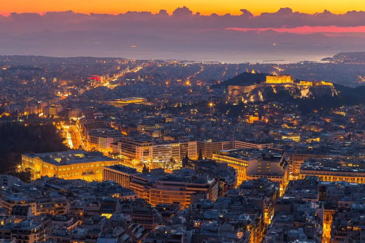 An aerial view of Athens at night